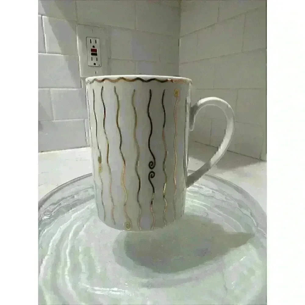 Pottery Barn White with Gold Wavy Lines Nile Mug Made in Japan